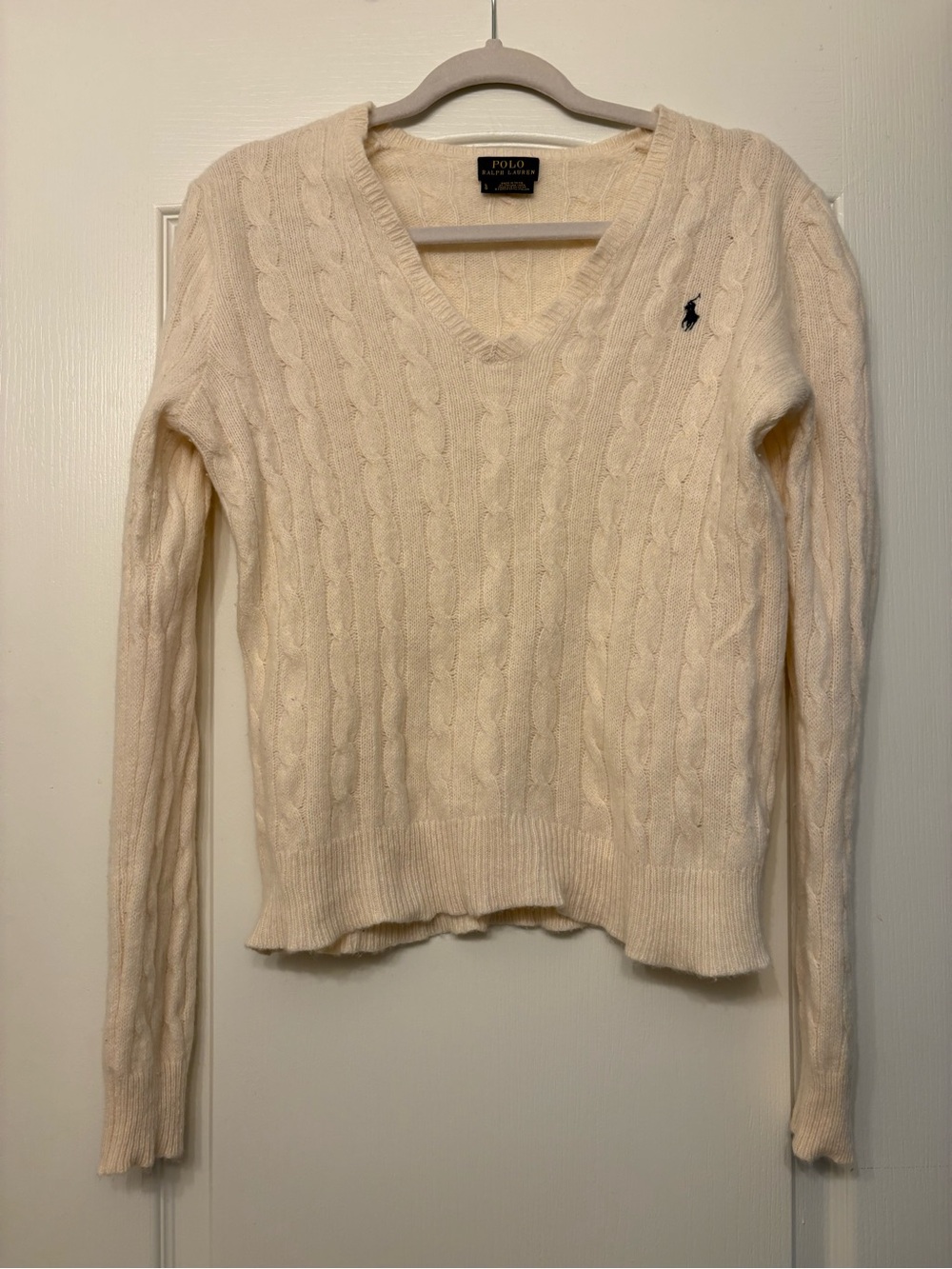 Polo by Ralph Lauren Ivory Cable-Knit V-Neck Sweater Wool/Cashmere